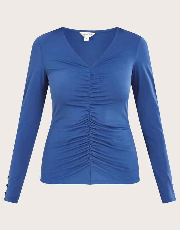 Monsoon Ruched Front Jersey Top With Recycled Polyester Blue Women Tops and Blouses Monsoon Ruched Front Jersey Top With Recycled Polyester Blue Women Tops and Blouses