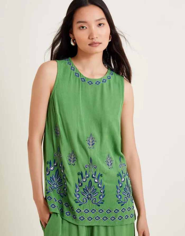 Monsoon Saffron Embroidered Tank Top Green Women Tops and Blouses