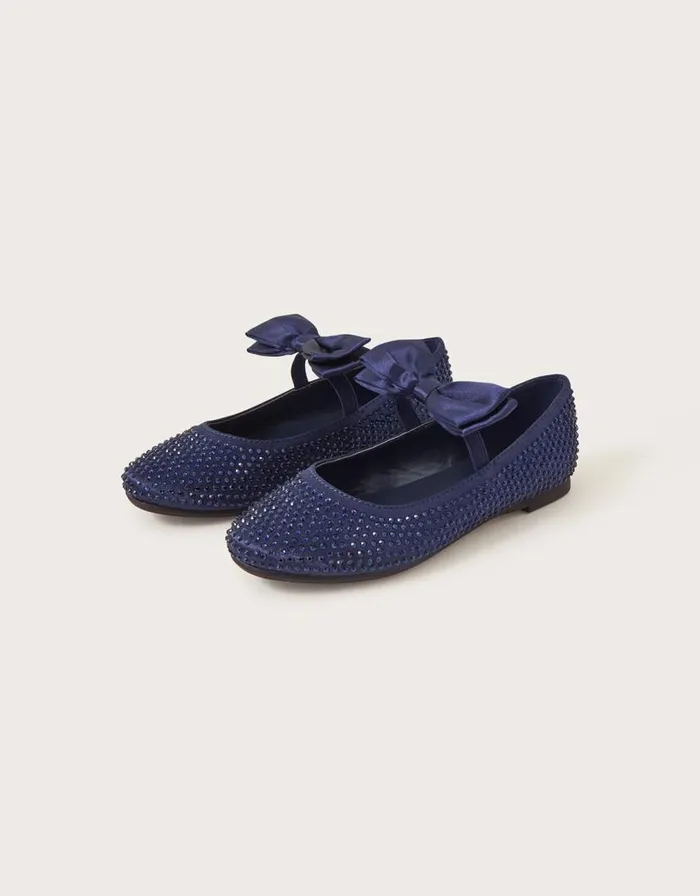 Monsoon Satin Bow Ballerina Flats Blue Children Partywear