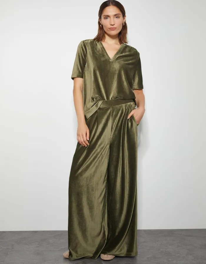 Monsoon Shay Rib Velour Wide Leg Trousers Green Women Trousers and Jeans