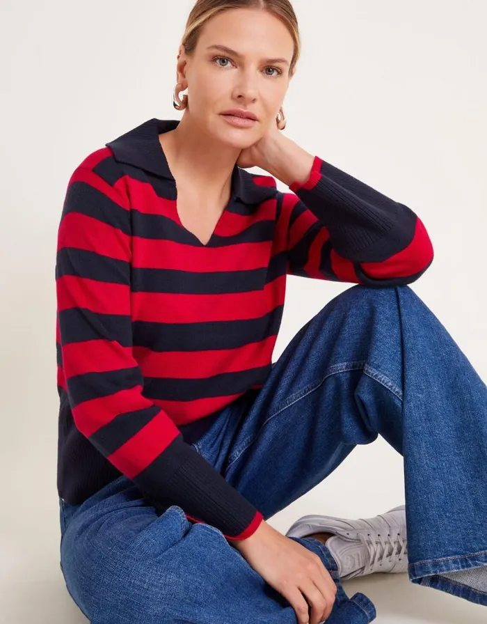 Monsoon Shay Stripe Collared Jumper Red Women Knitwear