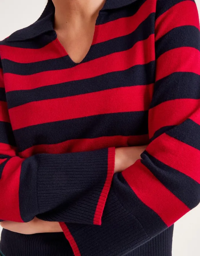 Monsoon Shay Stripe Collared Jumper Red Women Knitwear Monsoon Shay Stripe Collared Jumper Red Women Knitwear