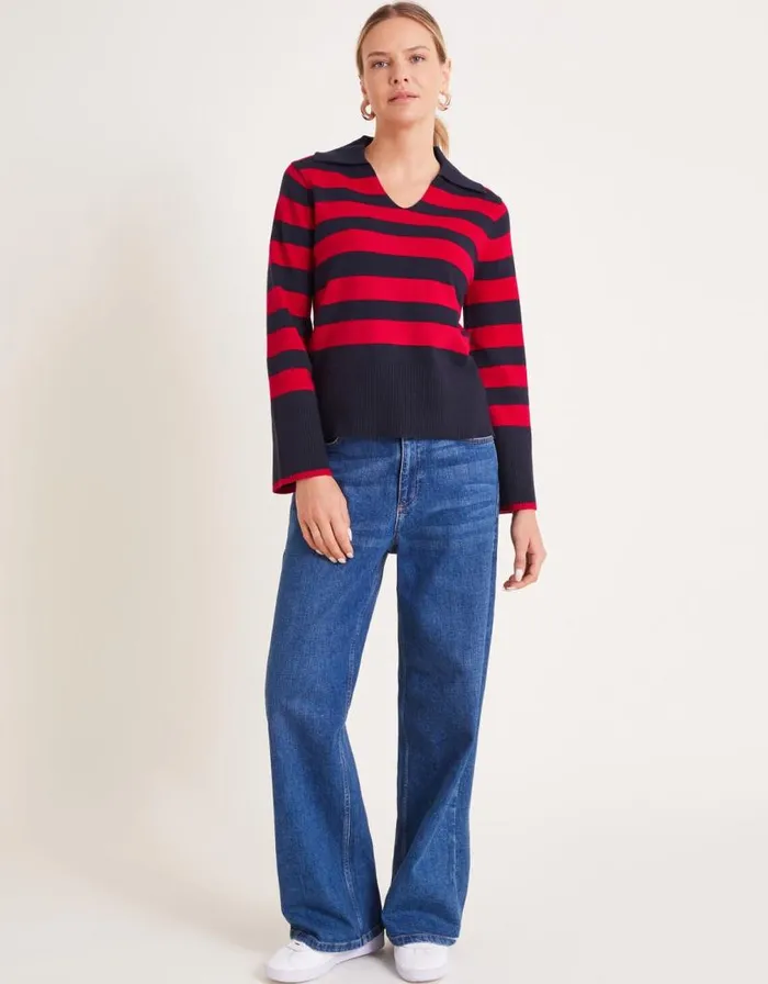 Monsoon Shay Stripe Collared Jumper Red Women Knitwear Monsoon Shay Stripe Collared Jumper Red Women Knitwear