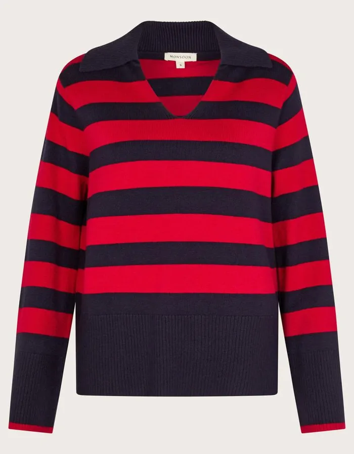 Monsoon Shay Stripe Collared Jumper Red Women Knitwear Monsoon Shay Stripe Collared Jumper Red Women Knitwear