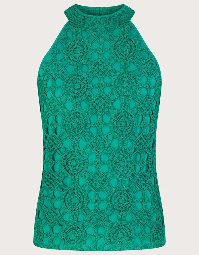 Monsoon Sleeveless Crochet Top With LENZING ECOVERO Green Women Tops and Blouses Monsoon Sleeveless Crochet Top With LENZING ECOVERO Green Women Tops and Blouses