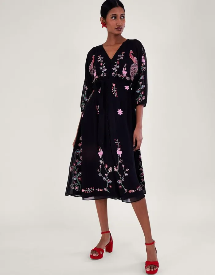 Monsoon Tina Embroidered Wrap Dress Black Women Occasionwear