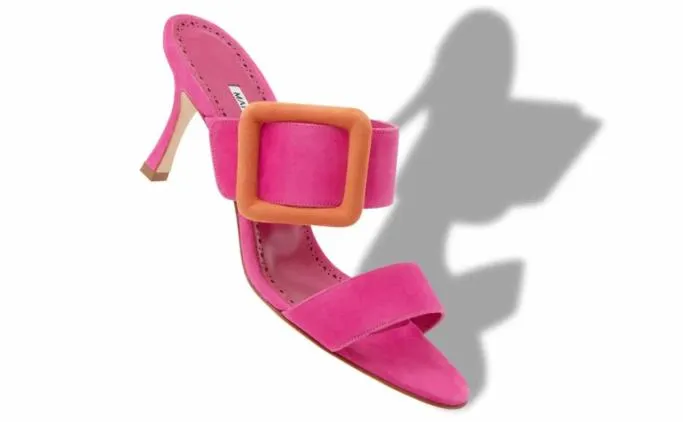 Mules Women Manolo Blahnik GABLEBright Pink And Orange Suede Buckle Mules