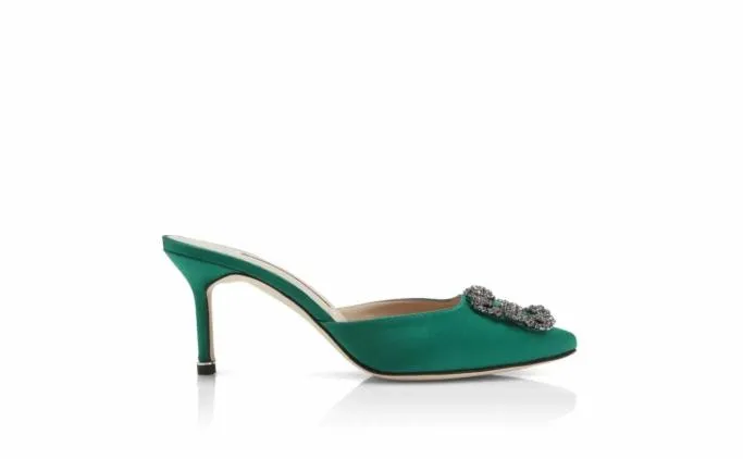 Mules Women Manolo Blahnik HANGISIMUGreen Satin Jewel Buckle Mules Mules Women Manolo Blahnik HANGISIMUGreen Satin Jewel Buckle Mules
