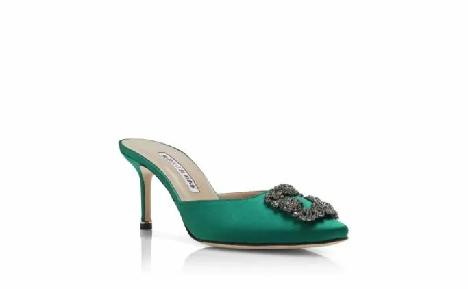 Mules Women Manolo Blahnik HANGISIMUGreen Satin Jewel Buckle Mules Mules Women Manolo Blahnik HANGISIMUGreen Satin Jewel Buckle Mules