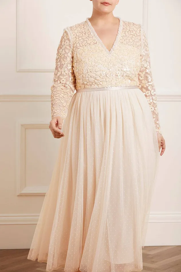 Needle and Thread Amalie Bodice Long Sleeve VNeck Ankle Gown Champagne Women Embellished Dresses