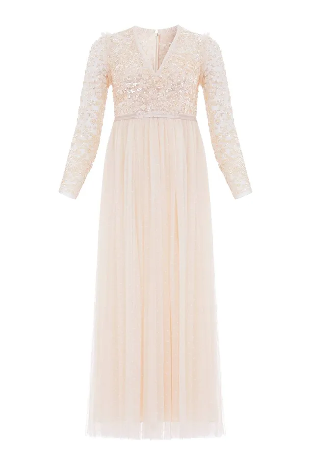 Needle and Thread Amalie Bodice Long Sleeve VNeck Ankle Gown Champagne Women Embellished Dresses