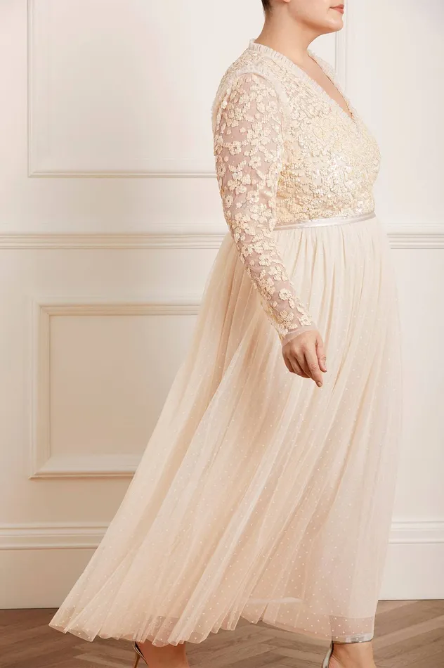 Needle and Thread Amalie Bodice Long Sleeve VNeck Ankle Gown Champagne Women Embellished Dresses