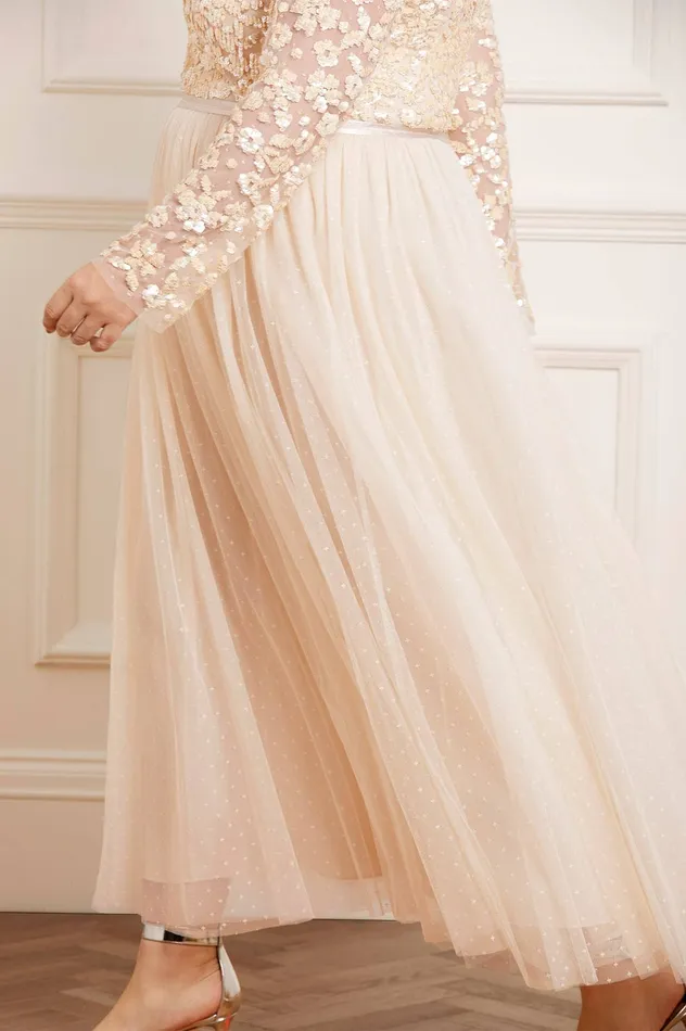 Needle and Thread Amalie Bodice Long Sleeve VNeck Ankle Gown Champagne Women Embellished Dresses