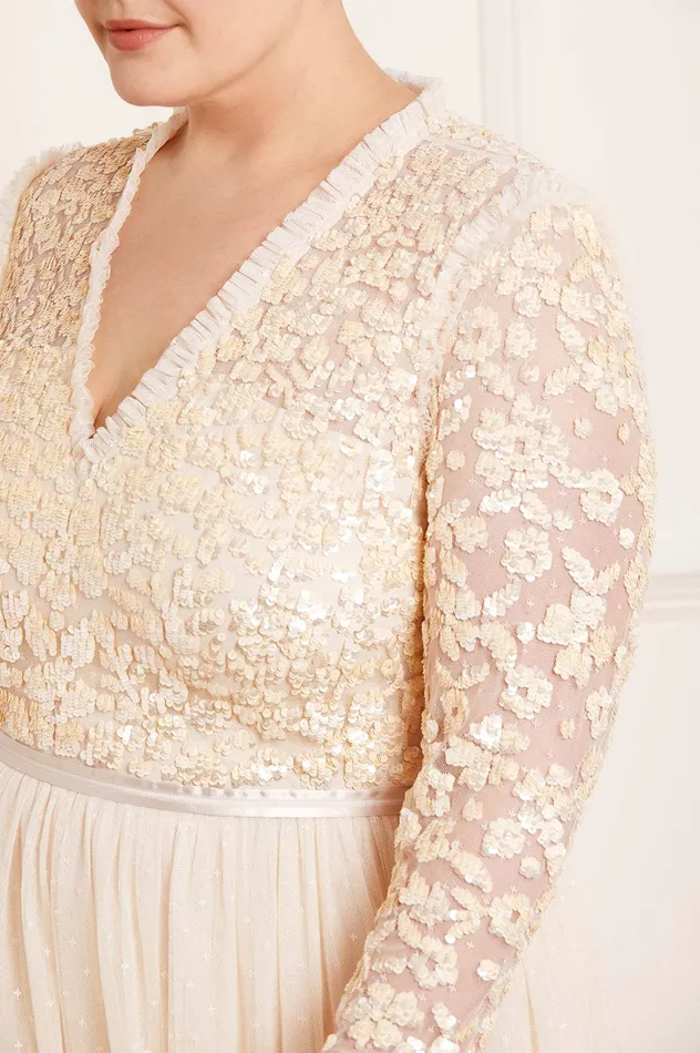 Needle and Thread Amalie Bodice Long Sleeve VNeck Ankle Gown Champagne Women Embellished Dresses