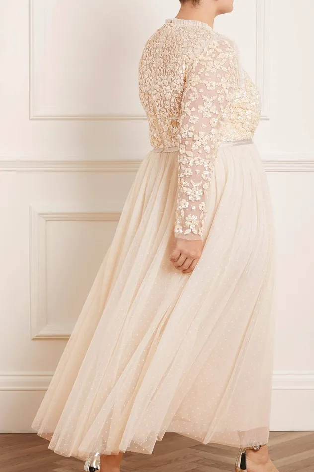 Needle and Thread Amalie Bodice Long Sleeve VNeck Ankle Gown Champagne Women Embellished Dresses