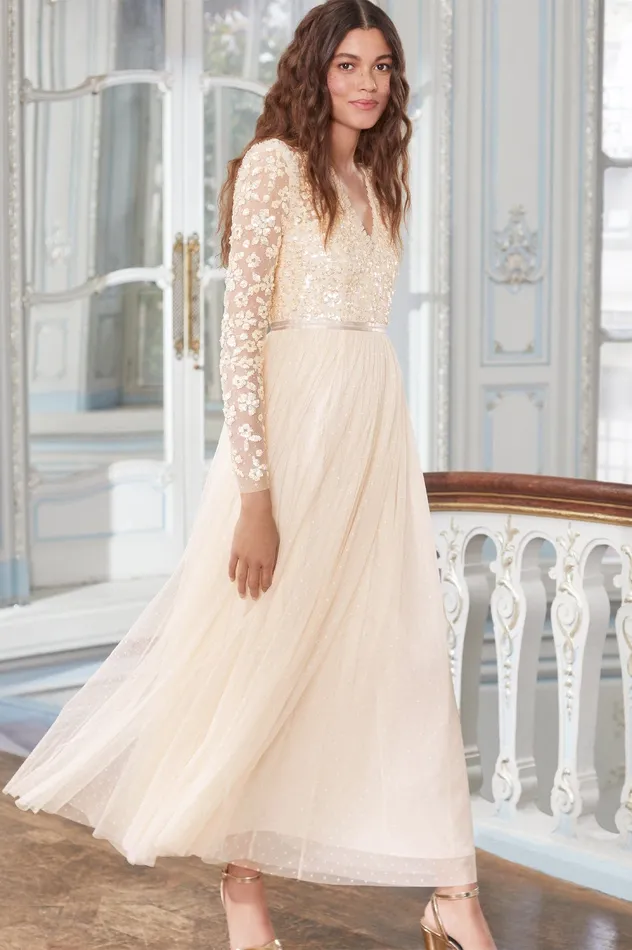 Needle and Thread Amalie Bodice Long Sleeve VNeck Ankle Gown Champagne Women Embellished Dresses