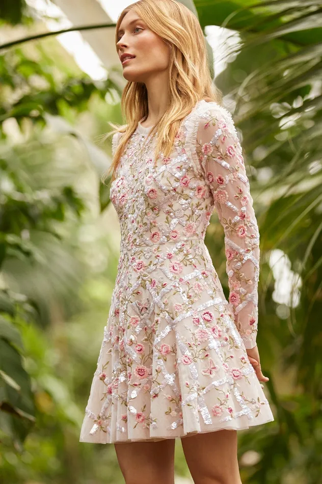 Needle and Thread Athena Rose Micro Mini Dress Champagne Women Embroidered Dresses