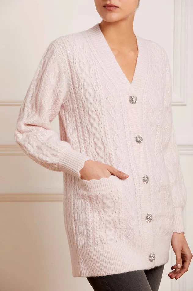 Needle and Thread Cable Jewelled Button Longline Cardigan Pink Women Exclusives