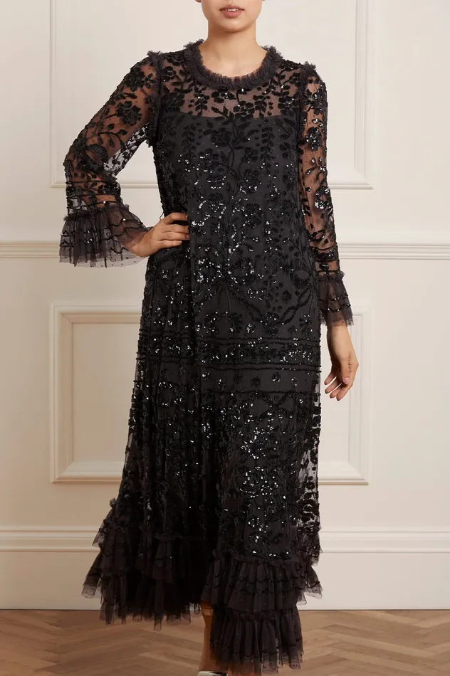 Needle and Thread Celia Long Sleeve Ankle Gown Black Women Embellished Dresses
