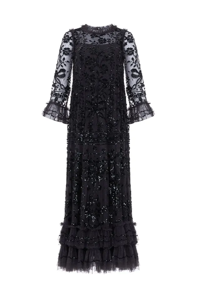 Needle and Thread Celia Long Sleeve Ankle Gown Black Women Embellished Dresses