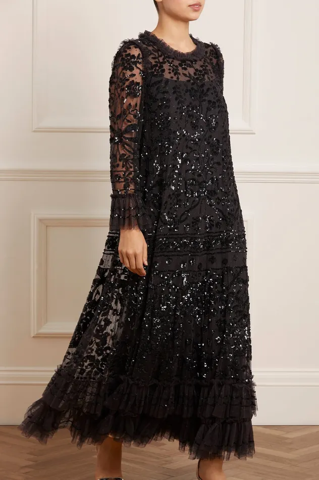Needle and Thread Celia Long Sleeve Ankle Gown Black Women Embellished Dresses