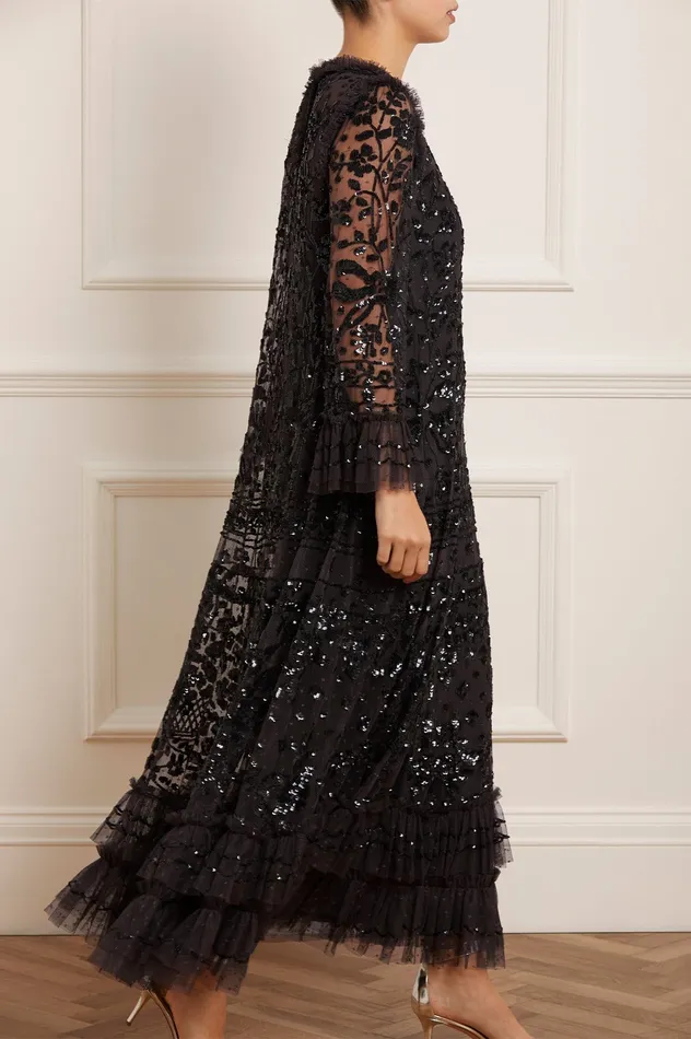 Needle and Thread Celia Long Sleeve Ankle Gown Black Women Embellished Dresses