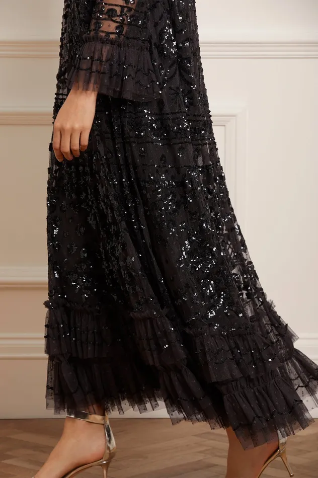 Needle and Thread Celia Long Sleeve Ankle Gown Black Women Embellished Dresses