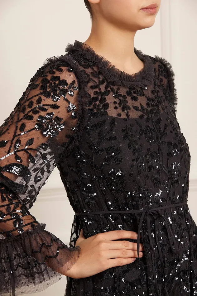 Needle and Thread Celia Long Sleeve Ankle Gown Black Women Embellished Dresses