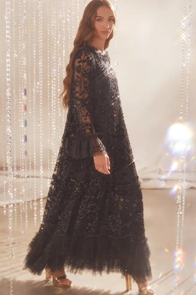 Needle and Thread Celia Long Sleeve Ankle Gown Black Women Embellished Dresses