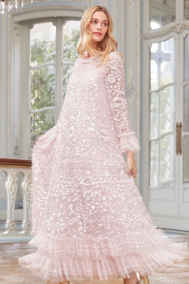 Needle and Thread Celia Long Sleeve Ankle Gown Pink Women Embellished Dresses