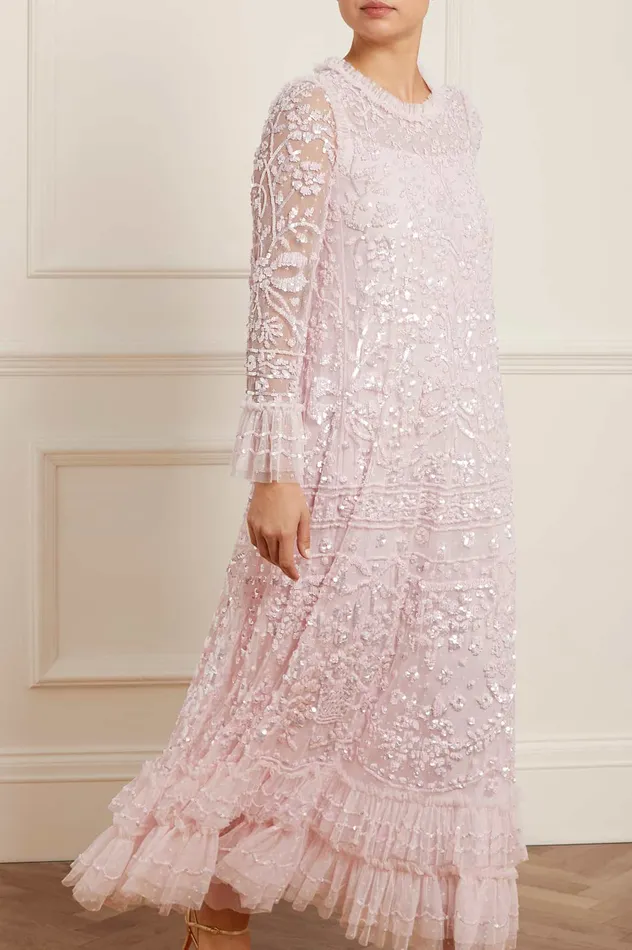 Needle and Thread Celia Long Sleeve Ankle Gown Pink Women Embellished Dresses