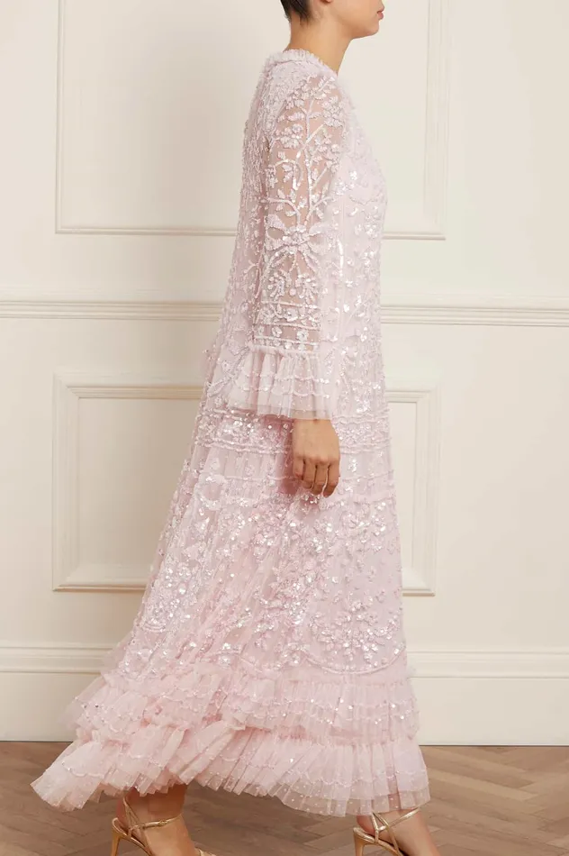 Needle and Thread Celia Long Sleeve Ankle Gown Pink Women Embellished Dresses