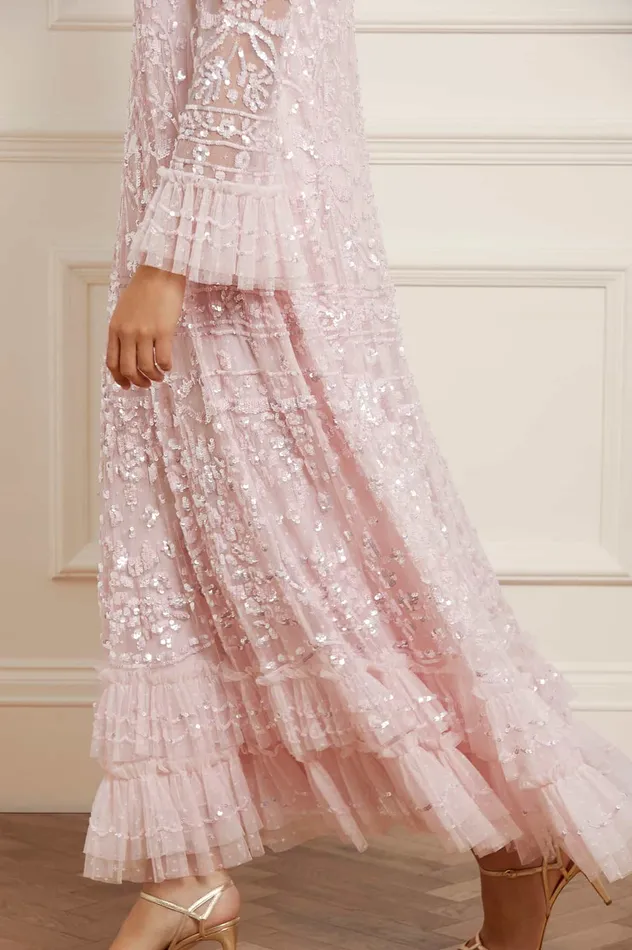 Needle and Thread Celia Long Sleeve Ankle Gown Pink Women Embellished Dresses