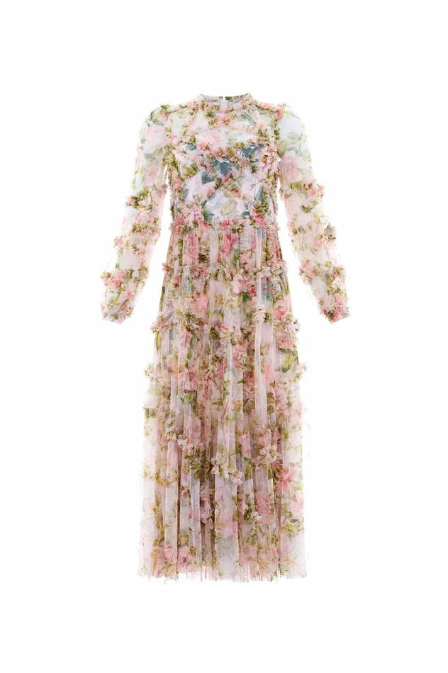 Needle and Thread English Rose Diamond Ruffle Ballerina Dress Pink Women Printed Dresses