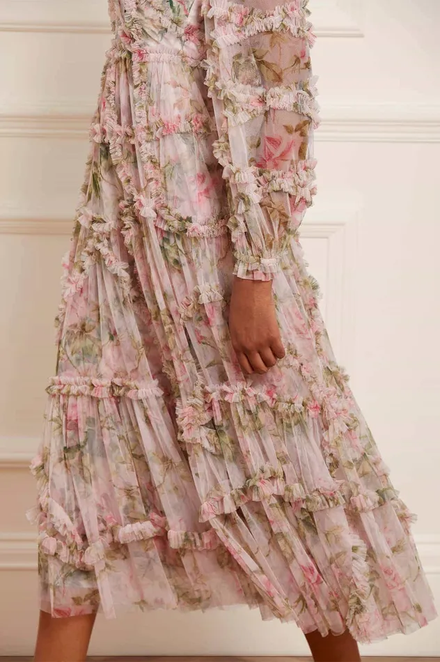 Needle and Thread English Rose Diamond Ruffle Ballerina Dress Pink Women Printed Dresses