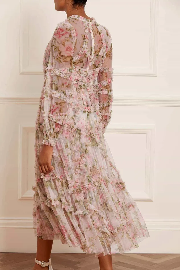 Needle and Thread English Rose Diamond Ruffle Ballerina Dress Pink Women Printed Dresses