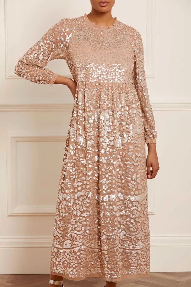 Needle and Thread Lucille Gloss Long Sleeve Ankle Gown Beige Women Embellished Dresses