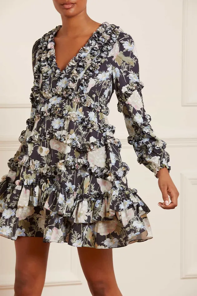 Needle and Thread Moonlight Petals VNeck Crepe Micro Mini Dress Black Women Printed Dresses