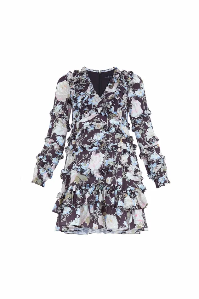 Needle and Thread Moonlight Petals VNeck Crepe Micro Mini Dress Black Women Printed Dresses