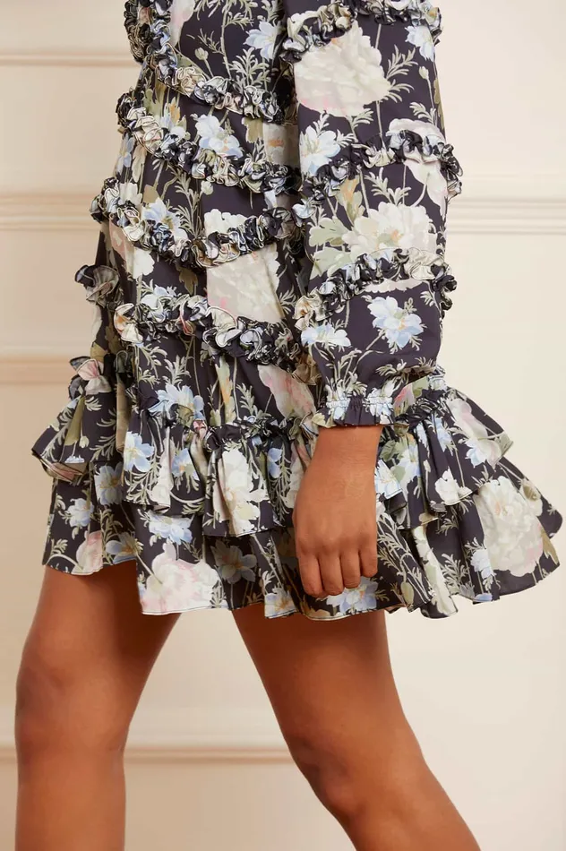 Needle and Thread Moonlight Petals VNeck Crepe Micro Mini Dress Black Women Printed Dresses