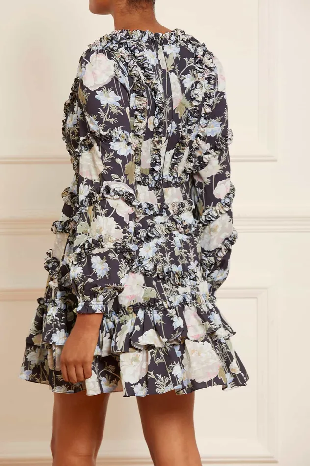 Needle and Thread Moonlight Petals VNeck Crepe Micro Mini Dress Black Women Printed Dresses