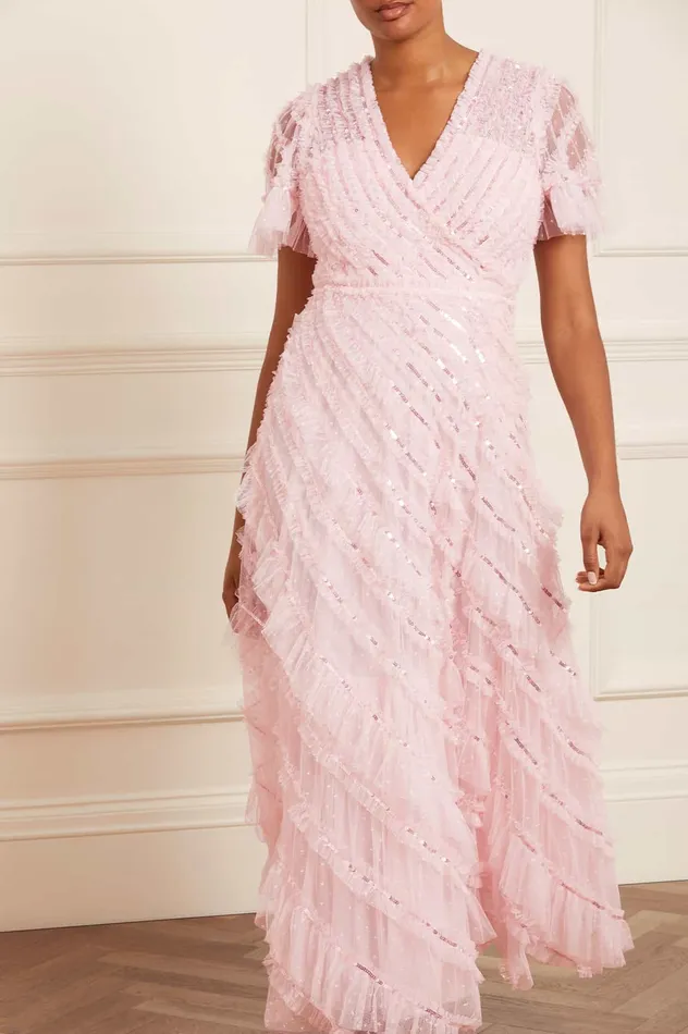 Needle and Thread Spiral Sequin VNeck Ankle Gown Pink Women Embellished Dresses