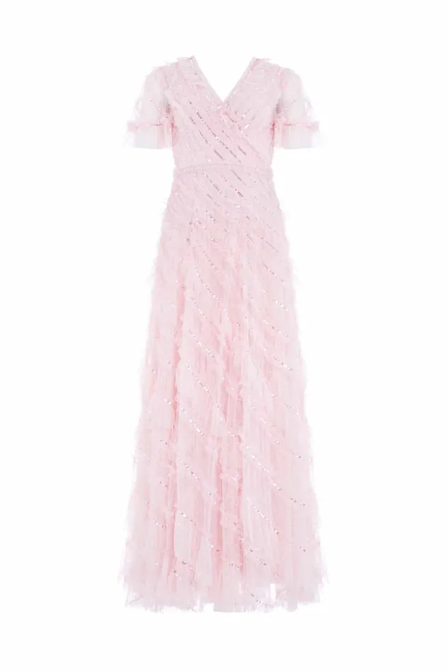 Needle and Thread Spiral Sequin VNeck Ankle Gown Pink Women Embellished Dresses