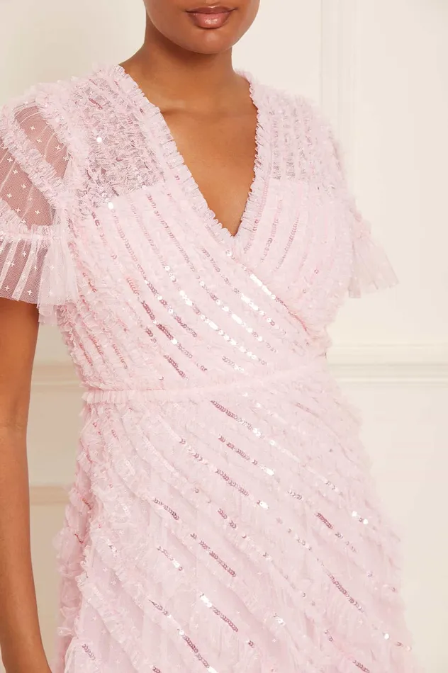 Needle and Thread Spiral Sequin VNeck Ankle Gown Pink Women Embellished Dresses