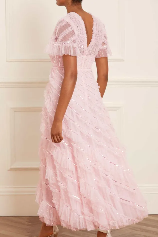Needle and Thread Spiral Sequin VNeck Ankle Gown Pink Women Embellished Dresses