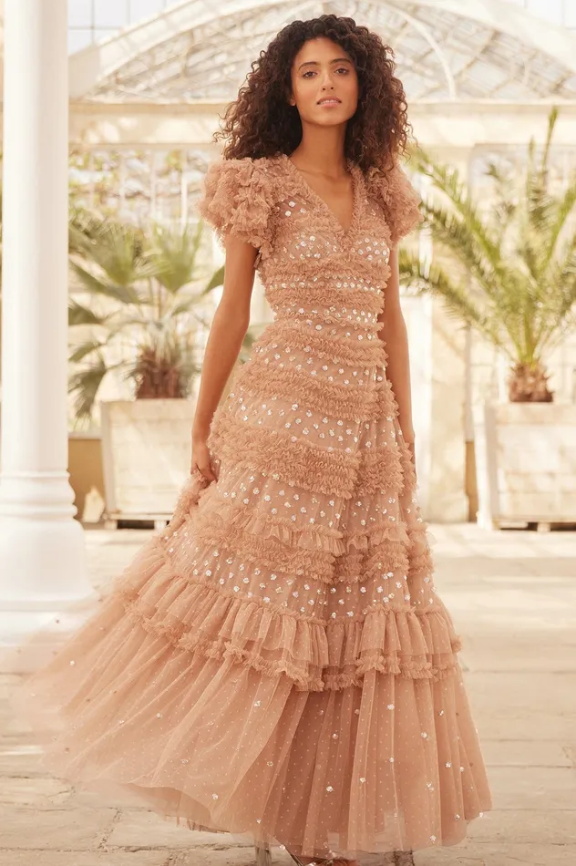Needle and Thread Vivian VNeck Gown Beige Women Embellished Dresses