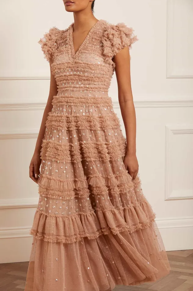 Needle and Thread Vivian VNeck Gown Beige Women Embellished Dresses Needle and Thread Vivian VNeck Gown Beige Women Embellished Dresses