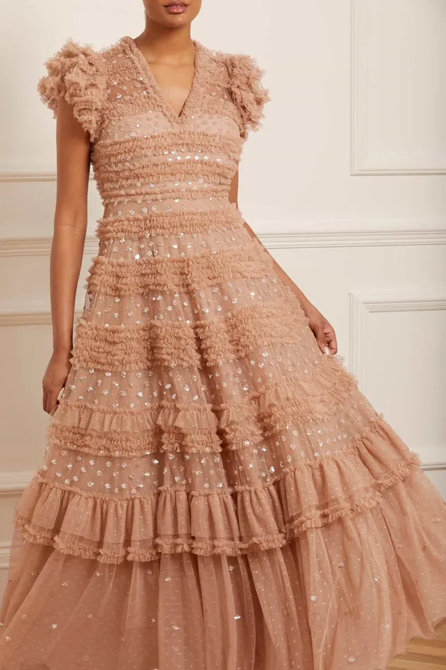 Needle and Thread Vivian VNeck Gown Beige Women Embellished Dresses Needle and Thread Vivian VNeck Gown Beige Women Embellished Dresses