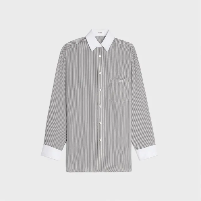 Oversized Shirt In Striped Silk White Black Women CELINE SHIRTS AND TOPS