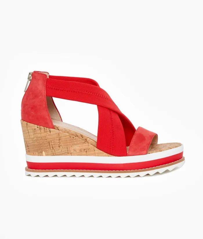 Pelle Moda Medina Wedge 8211 Flame Flame Kid SuedeStretch Mesh Women Wedges